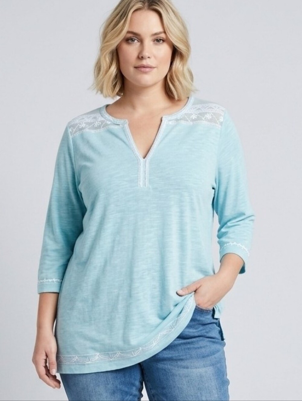 Women's Light Aqua Split Neck Blouse |  Urban Coco 2XL